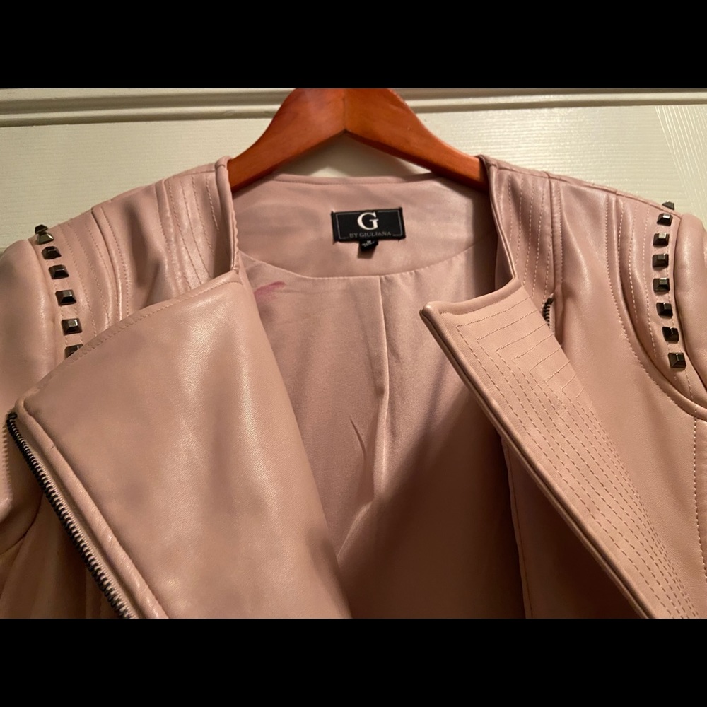 Rose colored edgy-glam moto embellished w/ jeweled studs Faux leather jacket.